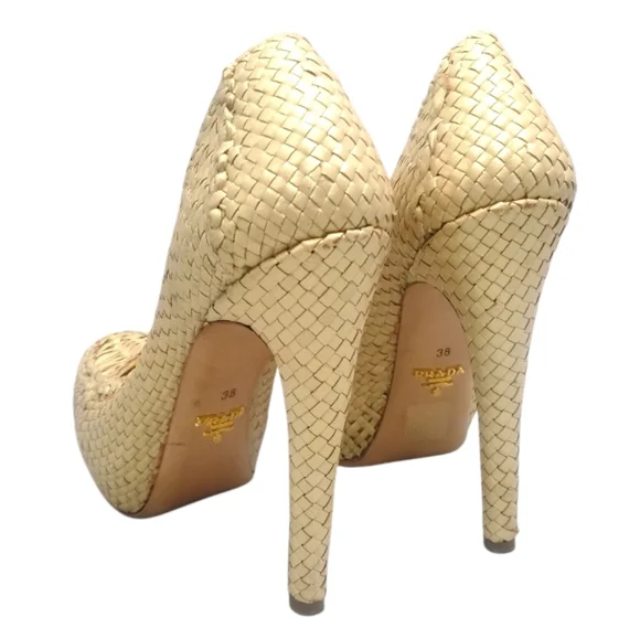 PRADA | Raffia Platform Pumps Beige Gold Heels Size 38 Italy - Picture 6 of 9